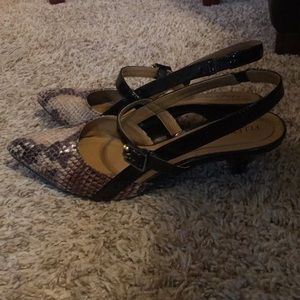 Brown and tan heals, snake scale (fake)